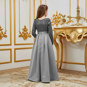 ชุดเดรสเด็กผู้หญิงสีเทา คอวี ประดับเลื่อมพรีเมียม ปักลายกำมะหยี่ ผ้าทูลล์หนา สำหรับงานเลี้ยงวันเกิดและงานแต่งงาน - Product Image 4