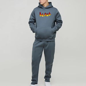Conjunto de Sudadera con Capucha Gris para Hombre con Logotipo de la Marca Flame Estampado en la Parte Delantera, Ropa Casual de Otoño, 100% Algodón, Pantalones Deportivos de Felpa Francesa - Product Image 1