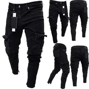New Fashion Men Skinny Cargo Jeans Long Pant Denim Combat Biker Pocket Stretch Black Work Trousers