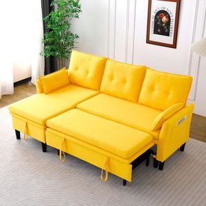 Sofá Seccional en Forma de L Reversible con Espacio de Almacenamiento, Tapizado en Lino de Algodón Amarillo, para Oficina y Apartamento - Product Image 5