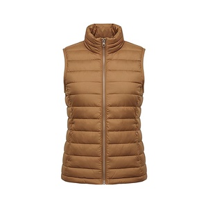 Quilted Vest Women Stand Collar Zipper Closure Brown Winter Jacket Polyester Filling Solid Color Regular Length - Product Image 1