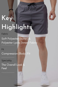 Shorts de sport athlétiques double couche pour homme, personnalisés, avec doublure intérieure de compression, cordon de serrage élastique à la taille et poche. - Product Image 6