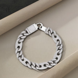 Men's Rhodium Plated 925 Silver Chain <b>Bracelet</b> Micro Insert Zircon Hiphop Style Everyday Wear - Product Image 1