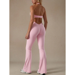 Combinaison de yoga sans couture pour femme, col en V profond, dos nu, jambes évasées, longueur intégrale, couleur unie, spandex, polyester, ensemble 1 pièce - Product Image 2