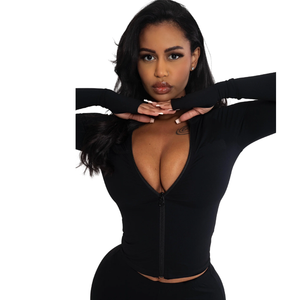 Women's Black Long Sleeve Hooded Jumpsuit High Waist Skinny Fit <b>Tummy</b> <b>Control</b> Shapewear Zipper Front Solid Color All Seasons - Product Image 2