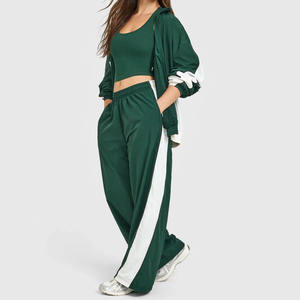 Women's Green <b>Tracksuit</b> Set Full Length Pants With <b>White</b> Stripe Breathable Loose Fit Crew Neck Jacket And Crop Top - Product Image 1