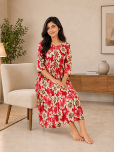 Robe midi pour femme à imprimé floral rouge, col rond, manches trois quarts, coupe évasée, tenue décontractée, robe traditionnelle indienne - Product Image 5