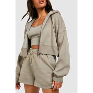 Ensemble de survêtement à capuche pour femmes, couleur unie, manches longues, short décontracté, vêtements de printemps avec poches latérales, fermeture à cordon - Product Image 4