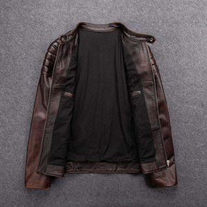Veste de moto rétro en cuir véritable pour homme, style ancien, en cuir de vachette pleine fleur, coupe ajustée, col à revers, tendance décontractée - Product Image 5