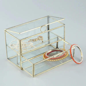 Vintage Clear <b>Glass</b> & Brass Jewelry Storage <b>Box</b> with Gray Velvet Organizer Customizable Color & Logo for Home & Hotel Use - Product Image 4