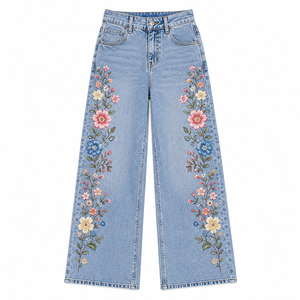 Women's Mid Embroidered Wide Leg Jeans Floral Denim Pants <b>Light</b> Stretch Eco-Friendly Casual Streetwear Fashion Denim <b>Trousers</b> - Product Image 3