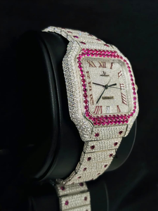 Reloj de Lujo para Hombre, Estilo Hip Hop, con Piedras de Rubí Rosa de Alta Calidad, Números Romanos Plateados Vintage, Automático, con Incrustaciones de Moissanita - Product Image 3