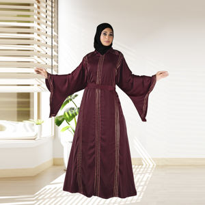 Abaya ample islamique Nida pour l'Aïd, élégante avec panneaux verticaux ornés, ceinture à la taille, manches longues, longueur au sol, pour femme - Product Image 3
