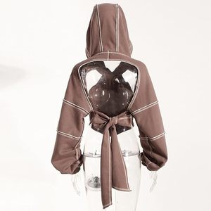 Sudadera Corta con Capucha para Mujer Tallas Grandes, Color Sólido, Manga Larga, Hombros Caídos, Tejido de Punto, Mezcla de Algodón, Informal, para Otoño - Product Image 4