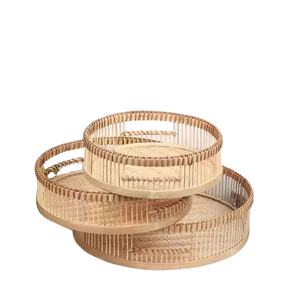 Diseño admirable Forma redonda Ratán de madera Tejido Desayuno Snack Café Comida Fruta Bandeja decorativa Bandejas de madera para servir - Product Image 1