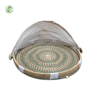 Woven straw food <b>cover</b> with green pattern Kitchenware and <b>table</b> decoration Wholesale eco-friendly Made in Vietnam - Product Image 5