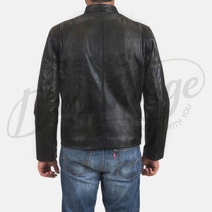 Blouson de motard en cuir noir pour homme, en peau de mouton véritable de qualité supérieure, coupe ajustée, col montant, fermeture éclair, style décontracté, veste de moto - Product Image 3