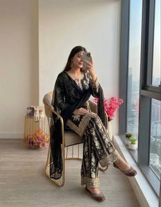 Elegant Georgette Embroidery Kurti Palazzo Set with Dupatta Pakistani Style 3mm Sequins Work Salwar Kameez Indian Party Wear - Product Image 4