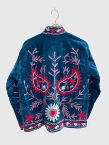 Blouson bleu à col mandarin brodé à la main avec motif géométrique, manches longues, style velours, pour adulte, collection automne - Product Image 2
