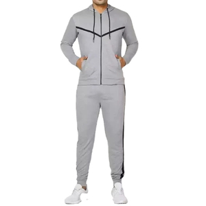 Ensemble de survêtement gris à capuche pour homme, fermeture éclair intégrale, poches latérales, vêtements décontractés d'automne, matière respirante en polyester et coton - Product Image 1