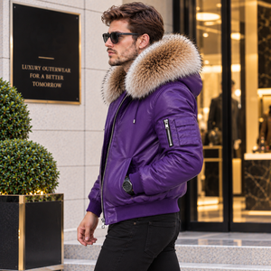 Fashion Breathable Leather <b>Bomber</b> <b>Jacket</b> for <b>Men</b> with Faux Fur Hood and Zipper Closure | Plaid Pattern Casual <b>Summer</b> <b>Jacket</b> - Product Image 3