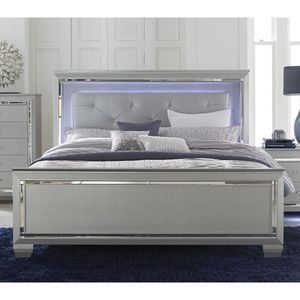Silver Finish Queen Size <b>Bed</b> with Upholstered Button Tufted <b>LED</b> Headboard Faux Alligator Embossed Wood Panels Wooden <b>Bed</b> - Product Image 1