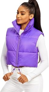 Chaleco Acolchado Morado para Mujer con Cuello Alto y Cierre de Cremallera, Sin Mangas, Color Sólido, Corto, Informal - Product Image 4