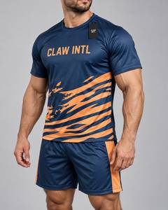 Maillot de football CLAW INTL pour homme, bleu et orange rayé, sublimé, en polyester respirant, coupe athlétique, manches courtes, col rond - Product Image 3
