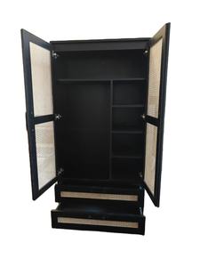 Armoire en bois artisanale, style mi-siècle, panneau en rotin, meubles de chambre à coucher, rangement, noir, tissage nordique, autoportante - Product Image 4