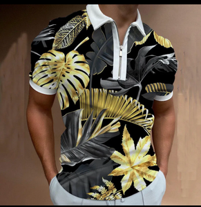 Polo pour homme à imprimé feuilles tropicales, manches courtes, col zippé, décontracté, confortable, à porter au quotidien - Product Image 1