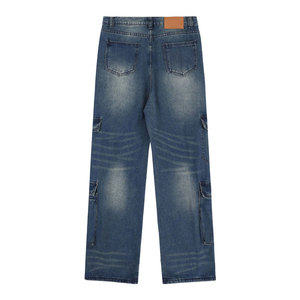 Pantalon cargo en jean bleu multi-poches pour homme, taille asymétrique croisée, coupe droite ample, style vintage utilitaire, jean baggy - Product Image 4