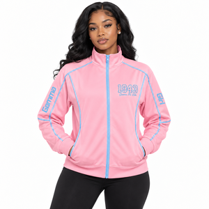 Sweat-shirt à capuche zippé pour femme Gamma Phi Delta Sorority, manches longues, col montant, style survêtement avec passepoil contrastant, fermeture éclair intégrale, pour la détente - Product Image 1
