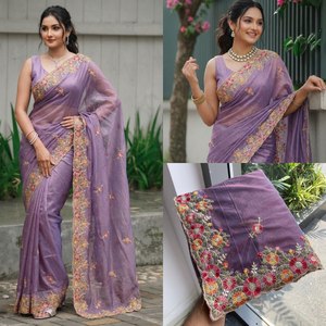 Sari de Tela de Sarga Bordada en Morado de NiMa Creations, con Borde Floral, de Secado Rápido, Tradicional, Elegante, para Bodas Indias, para Mujer, Talla Regular - Product Image 5