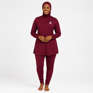 Ensemble Burkini Modeste Femme Décontracté Manches Longues Col Roulé Couleur Unie Bordeaux Séchage Rapide Spandex Polyester Couverture Complète Écologique - Product Image 1
