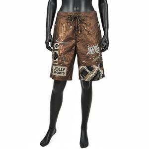 Shorts de bain pour femme en polyester à séchage rapide, motif graphique marron, panneaux latéraux, logo imprimé personnalisé - Product Image 4