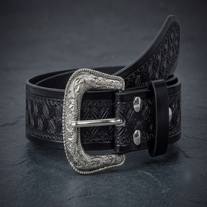 Classic Hand Carving Black Full Grain Western Leather <b>Tooling</b> <b>Belt</b> for Men and Women with Designer Brass Pin Buckle Set - Product Image 1