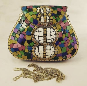 Colorful Mosaic Brass Clutch <b>Bag</b> With Gold Plated <b>Studs</b> And Flower Design Round Shape Metal Craft - Product Image 4