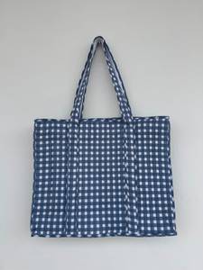 Sac fourre-tout en coton à carreaux bleus, fermeture éclair supérieure, longues poignées, sac de shopping pour femmes, toutes saisons, style minimaliste, voyage et quotidien - Product Image 1