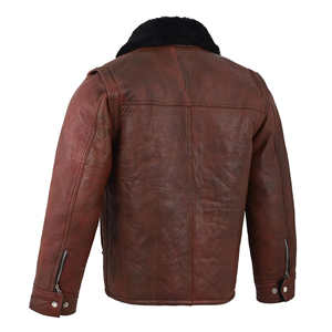 Veste en cuir marron vintage pour homme, col en fourrure noire, manteau d'hiver en peau de mouton véritable, doublure en polaire chaude, veste de motard - Product Image 4