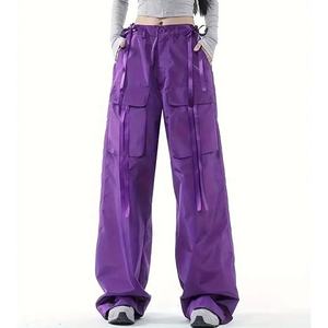 Pantalon cargo décontracté pour femme, coupe ample, jambe large, taille haute, fermeture à cordon, plusieurs poches, tissu durable en polyester/coton - Product Image 1