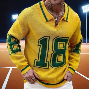 AL SWANS INTERNATIONAL T-shirt homme jaune-vert en maille polyester/coton anti-plis vintage col en V manches longues numéro 18 - Product Image 6