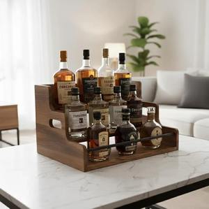 Meuble bar mural pliable avec éclairage LED, en bois de manguier massif, avec porte-bouteilles et table rabattable pour bar à domicile - Product Image 2