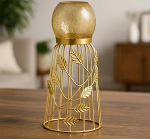 Candelabro de Metal Dorado con Diseño de Hojas, Portavelas Redondo de Vidrio, Decoración para el Hogar - Product Image 1