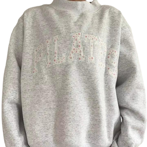 Custom Winter Pilates Breathable Windproof Long Sleeve Loose Oversized Pearl <b>Grey</b> Mockneck Pullover <b>Sweatshirt</b> Front Applique - Product Image 5