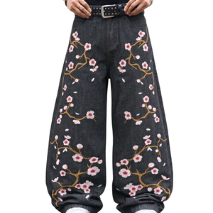Womens Black Baggy <b>Embroidered</b> Denim <b>Jeans</b> Mid Wide Leg Loose Fit Casual Breathable Quick Dry Cotton Pants Everyday Wear Street - Product Image 1