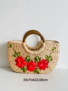 Handmade Natural Rattan <b>Clutch</b> <b>Bag</b> Mini Bucket <b>Bag</b> Canvas Cotton Lining Zipper Closure Letter Water Hyacinth Beach <b>Bag</b> - Product Image 4