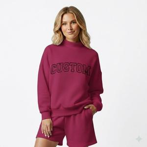 Ensemble sweat-shirt et short pour femme, vert uni, imprimé texte « CUSTOM », col montant, coupe ample, manches longues, style décontracté, streetwear, vêtements de sport - Product Image 3