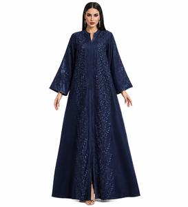 Elegant Embroidered <b>Wool</b> Casual Abaya Women Long Sleeve Floor Length High Neck Floral Pattern Loose Fit Anti-shrink Spring - Product Image 2