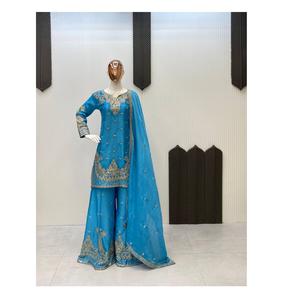 Traje Sharara de Alta Calidad con Dupatta, Conjunto Kurti Palazzo de Diseñador Especial para Bodas con Trabajo Manual Real, Ropa Étnica Festiva - Product Image 1