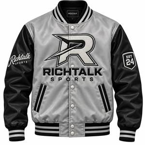 Veste de sport en satin pour homme, noire et grise, fermeture à boutons, style sportif, coupe-vent d'automne, design à patchs - Product Image 1